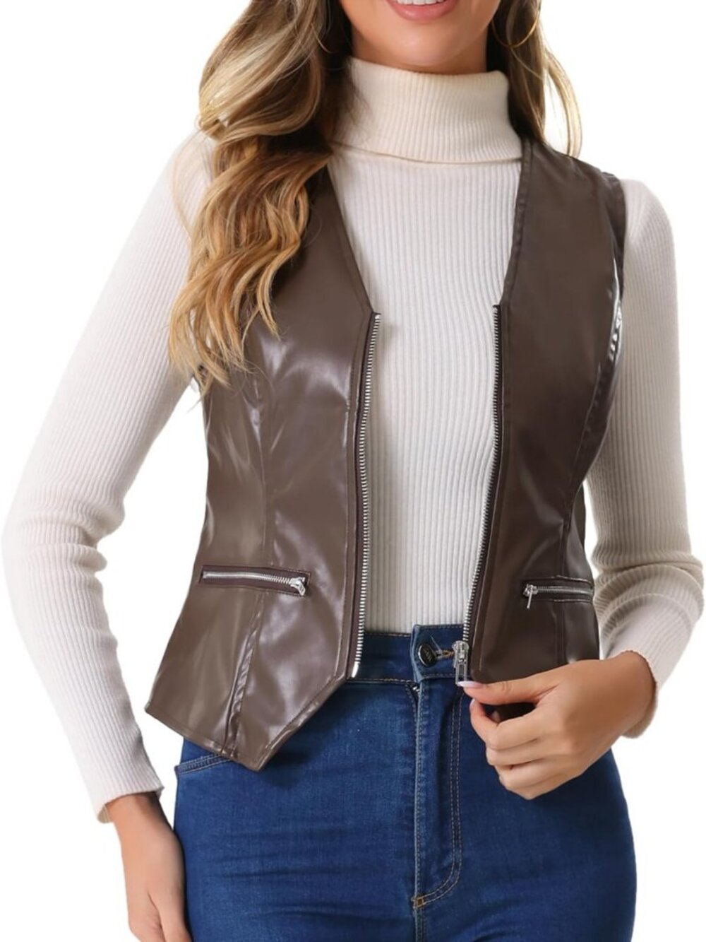 Faux Leather V Neck Sleeveless Zipper Waistcoat for Women - Chic & Stylish